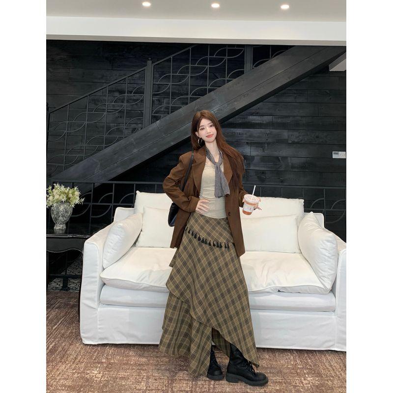 Fancy Elegant Outfit Retro Suede Suit Jacket Long-Sleeved Women's Autumn Stylish Skirt Three-Piece Suit