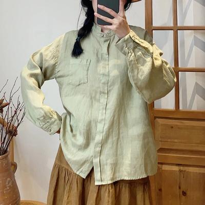 Jarní Stojáček Japonské Dámské Topy Halenky Vintage Jednobarevné Patchwork Kapsy Košile