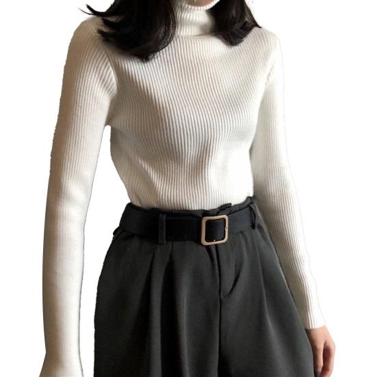 Suéter Feminino Gola Alta Manga Longa Ajustado Tricô Tops Cor Sólida Tecido Macio Elástico Tops de Base Uso Diário