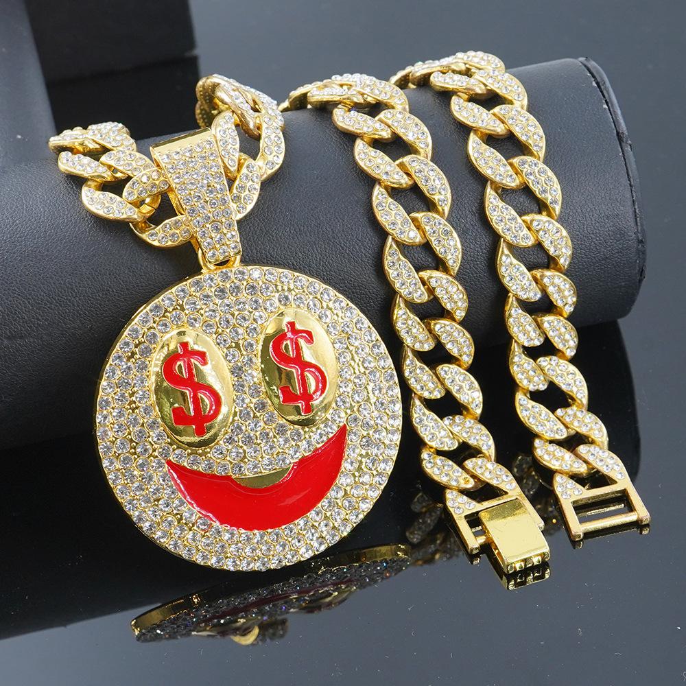 Hip Hop New Product Full Diamond Smiling Face USD Alloy Pendant Personalized European and American Men's Cuban Chain Rock Bounce Di Necklace