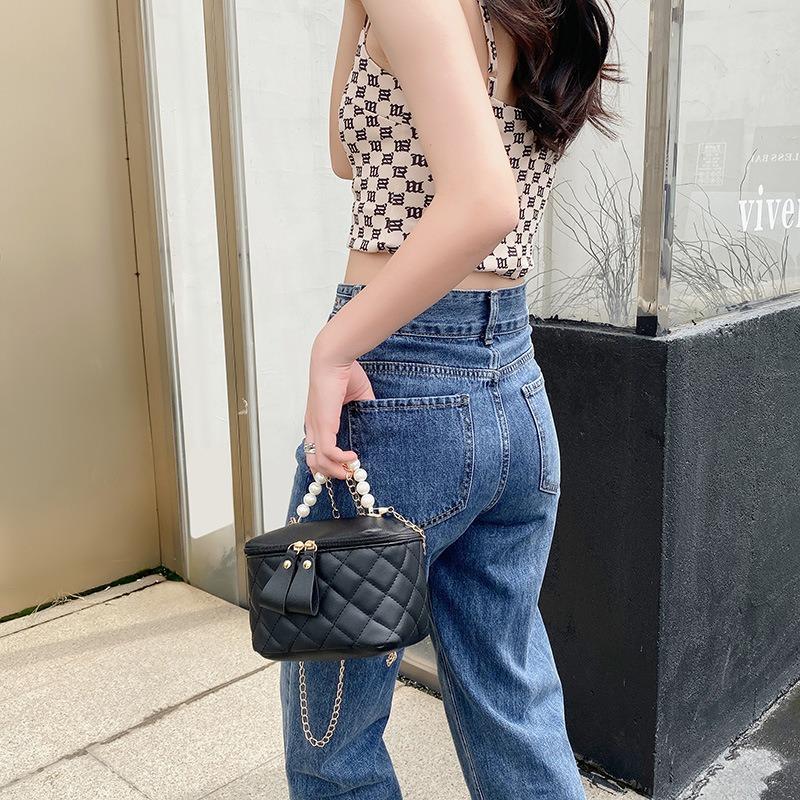 One shoulder crossbody embroidered rhombus women's bag trendy pearl chain versatile handbag