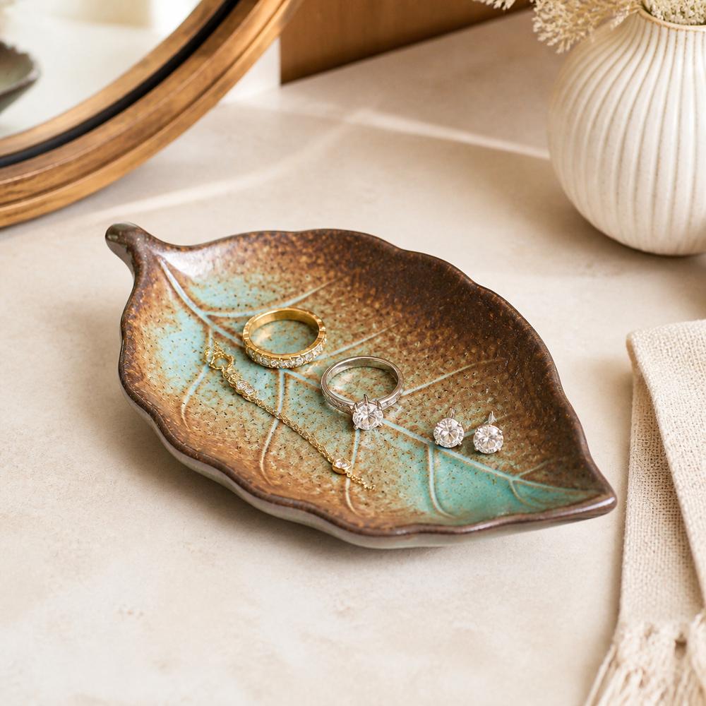 Ceramic Trinket Tray Embossed Leaf Veins Ceramic Jewelry Tray Gifts Ring Dish  Vanity Decor
