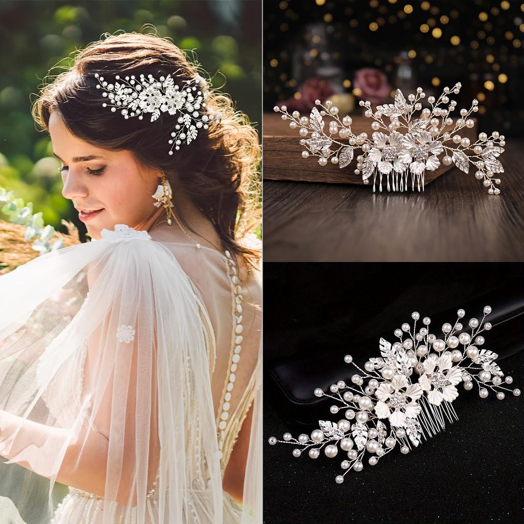 Silver Color Flower Pearl Rhinestone Hair Comb Headband Wedding Hair Accessories For Women Bride Tiara Headband Hair Jewelry