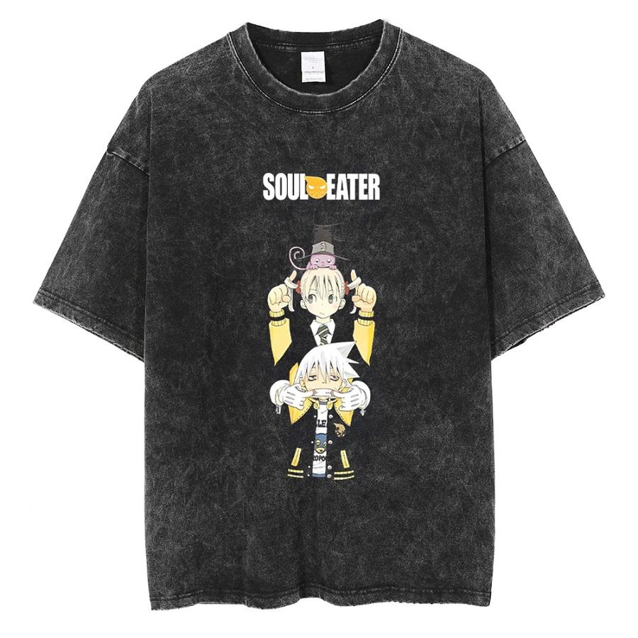 Soul Eater Manga Death The Kid Print Tshirt Vintage Washed Streetwear Men Women Casual Oversized Summer Cotton Graphic Tee