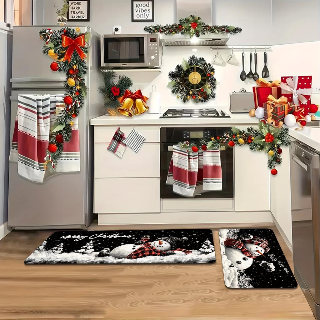 2 Stück Anti-Ermüdungs-Küchenteppiche Frohe Weihnachten Schneemann Wasserdicht Rutschfest Dick Gepolsterte Küchenmatte Hochbelastbare Komfort-Stehmatte für Küche