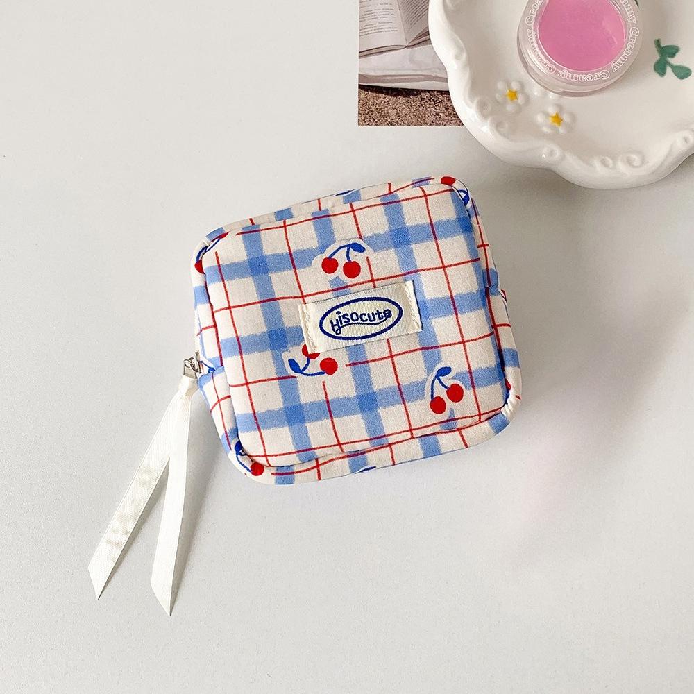 Fabric Small Cherry Patterned Storage Bag for Girls' Portable Sanitary Napkin Carrying Bag with Compartments  Mini Bag, Small Square Bag