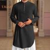 Men's Cotton Linen Kaftan Long Sleeve O-Neck Robe Solid Color Button-up Collar Thobe Breathable Arabic Clothing for Prayers Casual Wear