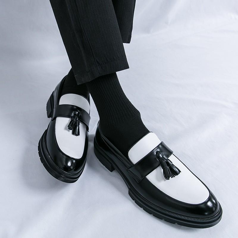 Mens Loafer Shoes Black White Two-Tone Flat Derby Style Wedding Formal Occasion Comfortable Slip-On