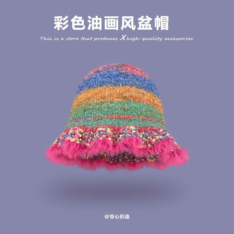 Style Versatile Hat Oil Painting Color Tone Warm Knitted Fisherman Hatscaps