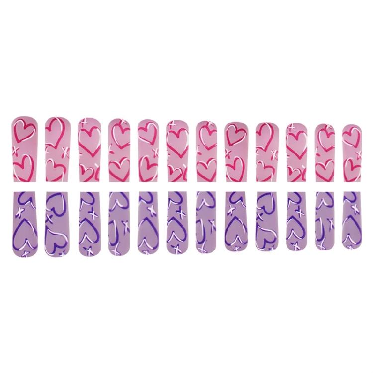 24 Pcs Long Coffin Press On Nail Heart Artificial Nail Valentines Day False Nail Festival Stick On Nail for Holiday