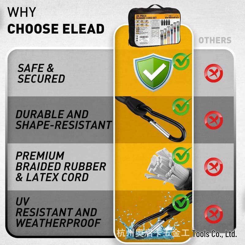 28-Piece Carabiner Bungee Cord Set with Handbag - High-Strength Safety Tie-Downs