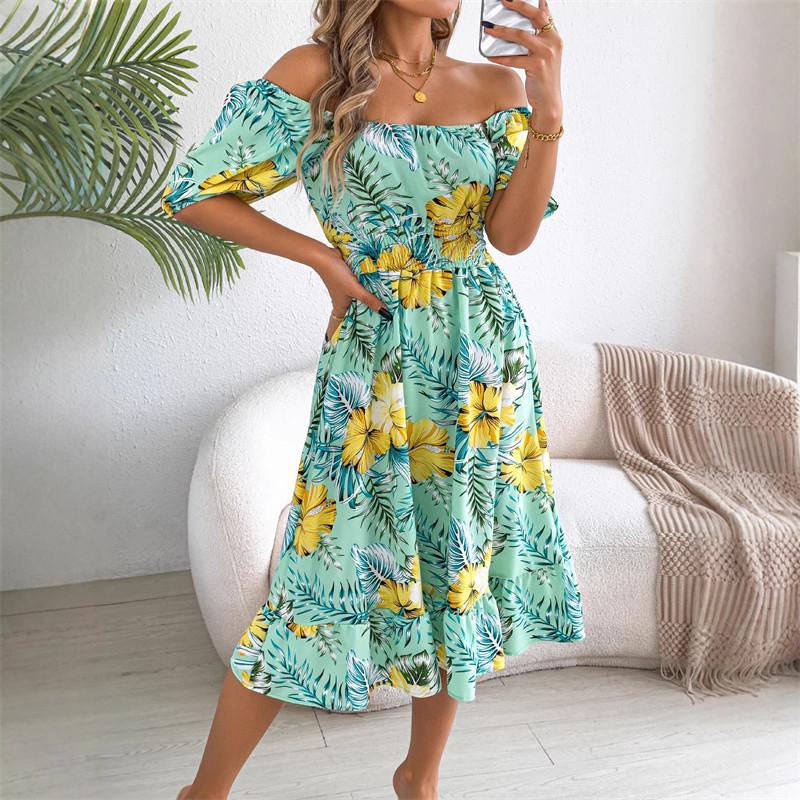 Off-the-shoulder Floral Print Vacation Beach Dress Women Ruffled Spring Summer Short-sleeved