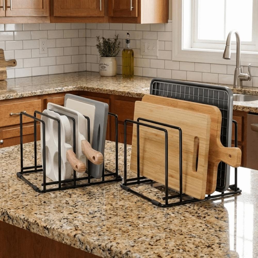 Iron 5 Slots Divided Rack Rust-Resistant Pan Storage Rack Cookware Holder  Counter-top Storage
