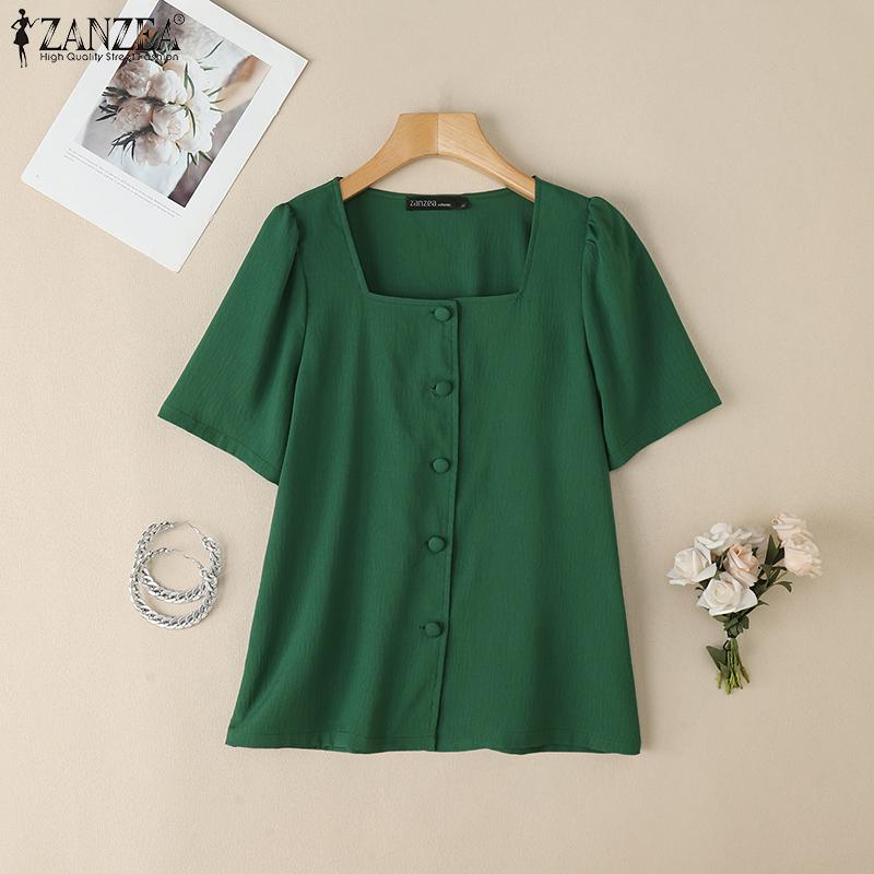 ZANZEA Women Casual Square Collar Summer Short Sleeve Blouse