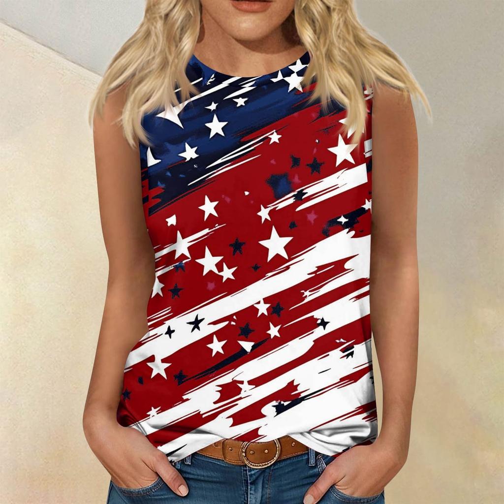 Women's Fashion Casual T-Shirt Round Neck Sleeveless Independence Day Printed Vest Top