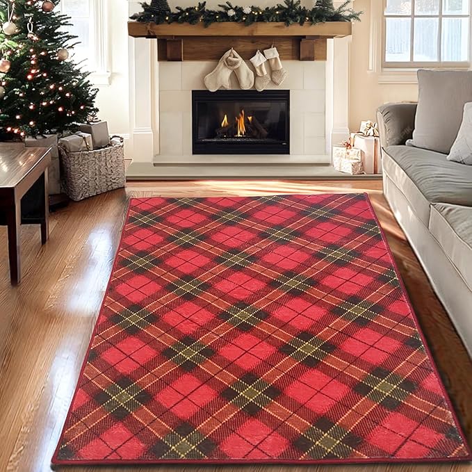 Christmas Carpet Mat Rug Red Green Blue Plaid Design with Gingerbread Man Tree Pattern Soft Floor Mat for Home Decoration