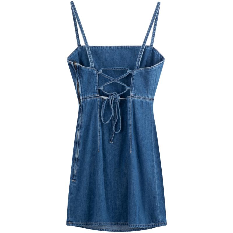 Calvin Klein Cotton Trendy Retro Sexy Tie Strap Dress Women Dresses Denim-Blue J223665