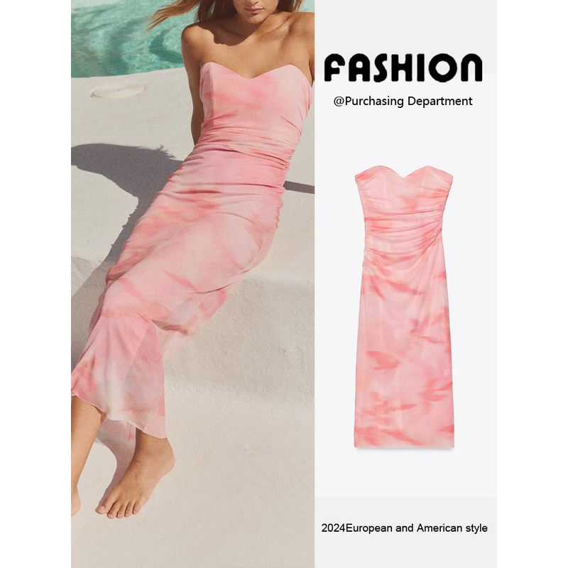 Za2025 Spring New Women Clothes Sexy Strapless Print Silk Mesh Tube Top Strapless Dress 3152353 620