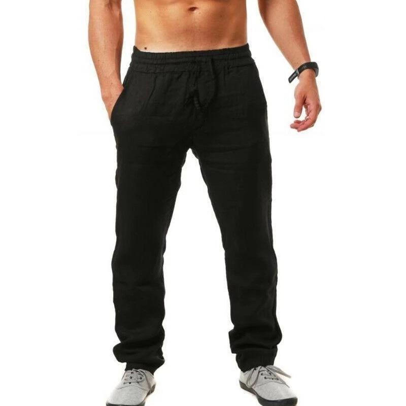 Men Cotton Linen Trousers Solid Color Elastic Waist Loose Long Trousers Men's Hip-hop Breathable Casual Pants Pantalones