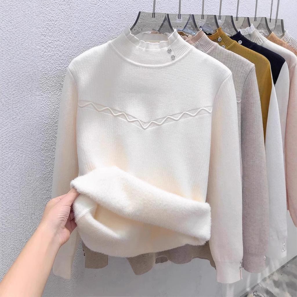 Women's Sweater Autumn/Winter Plush Warm Sweater Stylish Casual Half High Collar Knitted Sweater