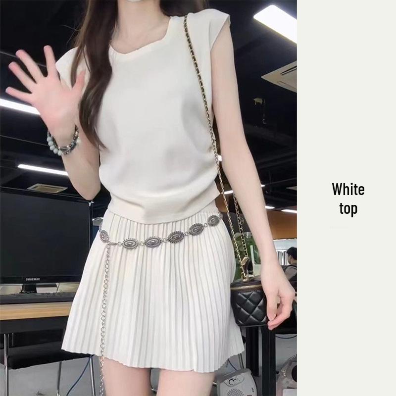 Korean Style Women s Summer Knit Top & Pleated Skirt Set S (Recommended 75-90 jin)
