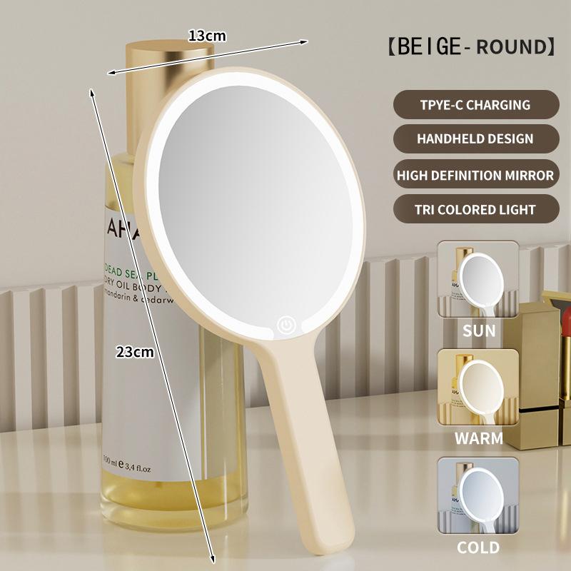 Handheld Makeup Mirror 3 Colors LED Light Mirrors Portable HD Intelligent Touch Screen Control Cosmetic Mirror Type-C Charging