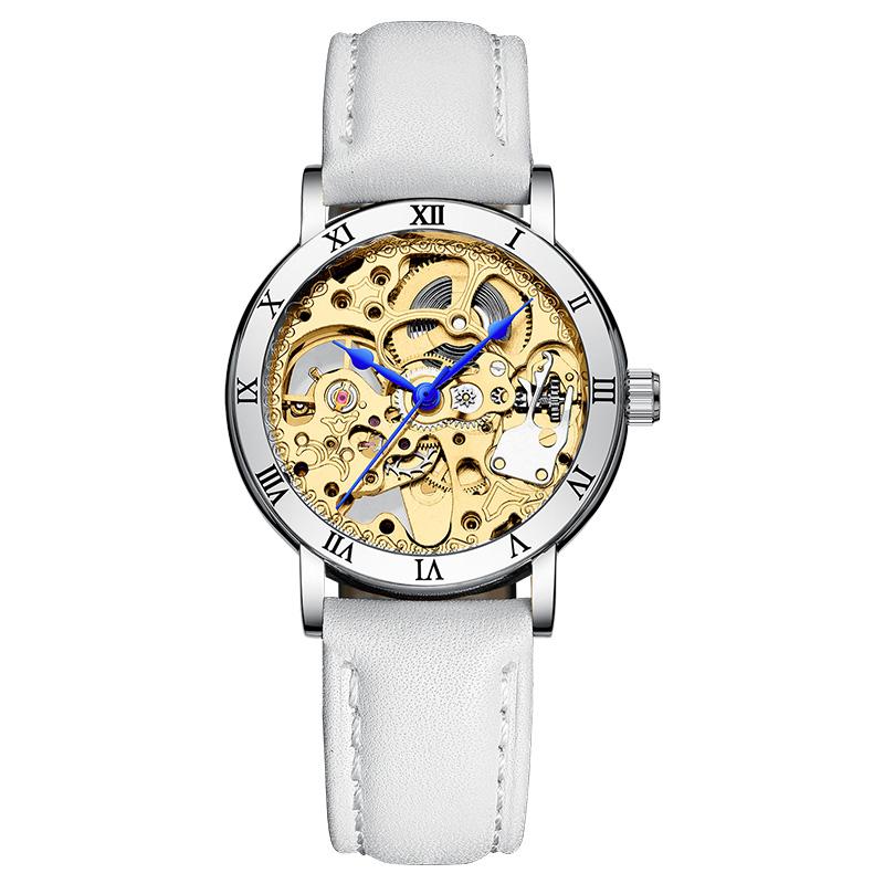 New Fashion Gold Women's Mechanical Watch Roman Bezel Skeleton Hollow Automatic Self-Wind Ladies Dress Leather Wristwatches