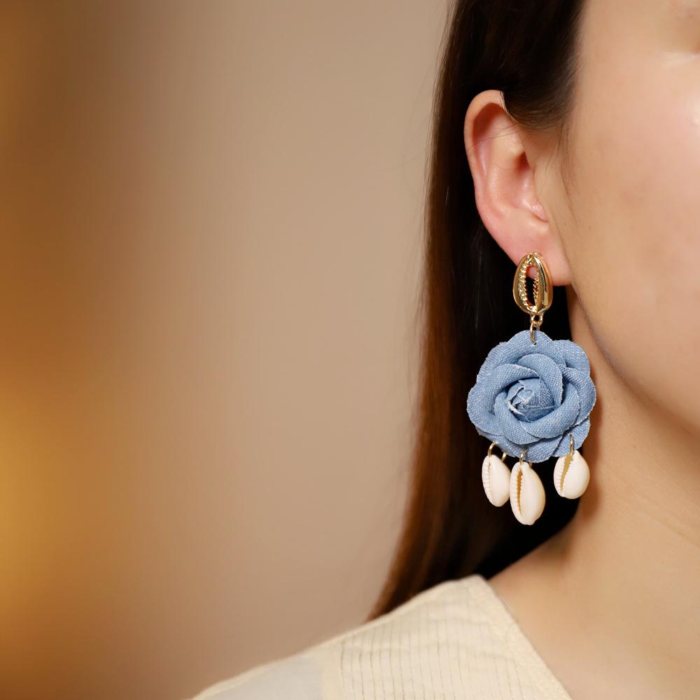 Retro denim blue flower stud earrings - camellia-shaped earrings
