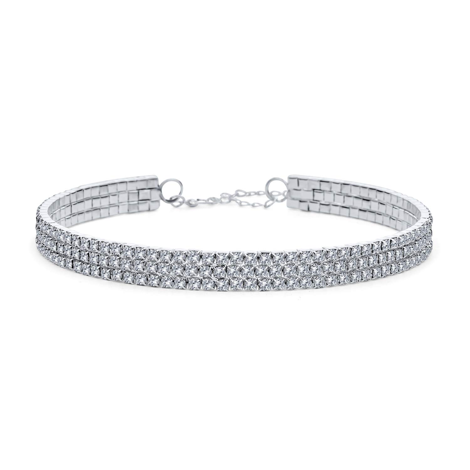 

Rhinestone Simple Classic Bridal Three Row Bijou Choker Necklace with Adjuster [Bling Jewelry]