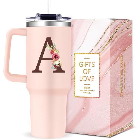 

Monogrammed 40oz Tumbler with Handle for Women, Personalized Birthday Gifts for Women,Initial Cups for Woman Floral Letter G,Customized Gifts for рожевий