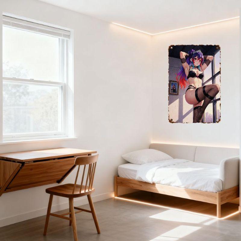 Anime Girl with Purple To Red Hair Blue Streak Black Lace Bra & Stockings Metal Tin Sign - Sunlit Room Cityscape Home Decor for
