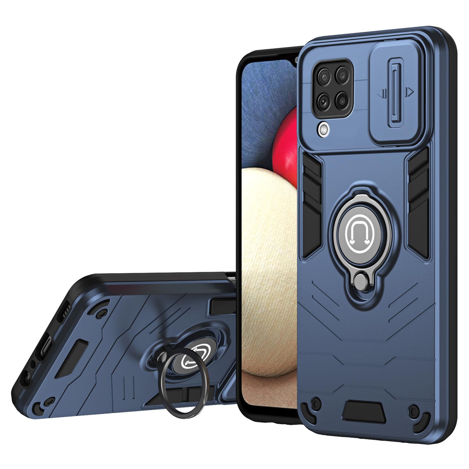 

For Samsung Galaxy A22 4G (EU Version) Case PC+TPU Kickstand Cover with Slide Lens Cover Blue