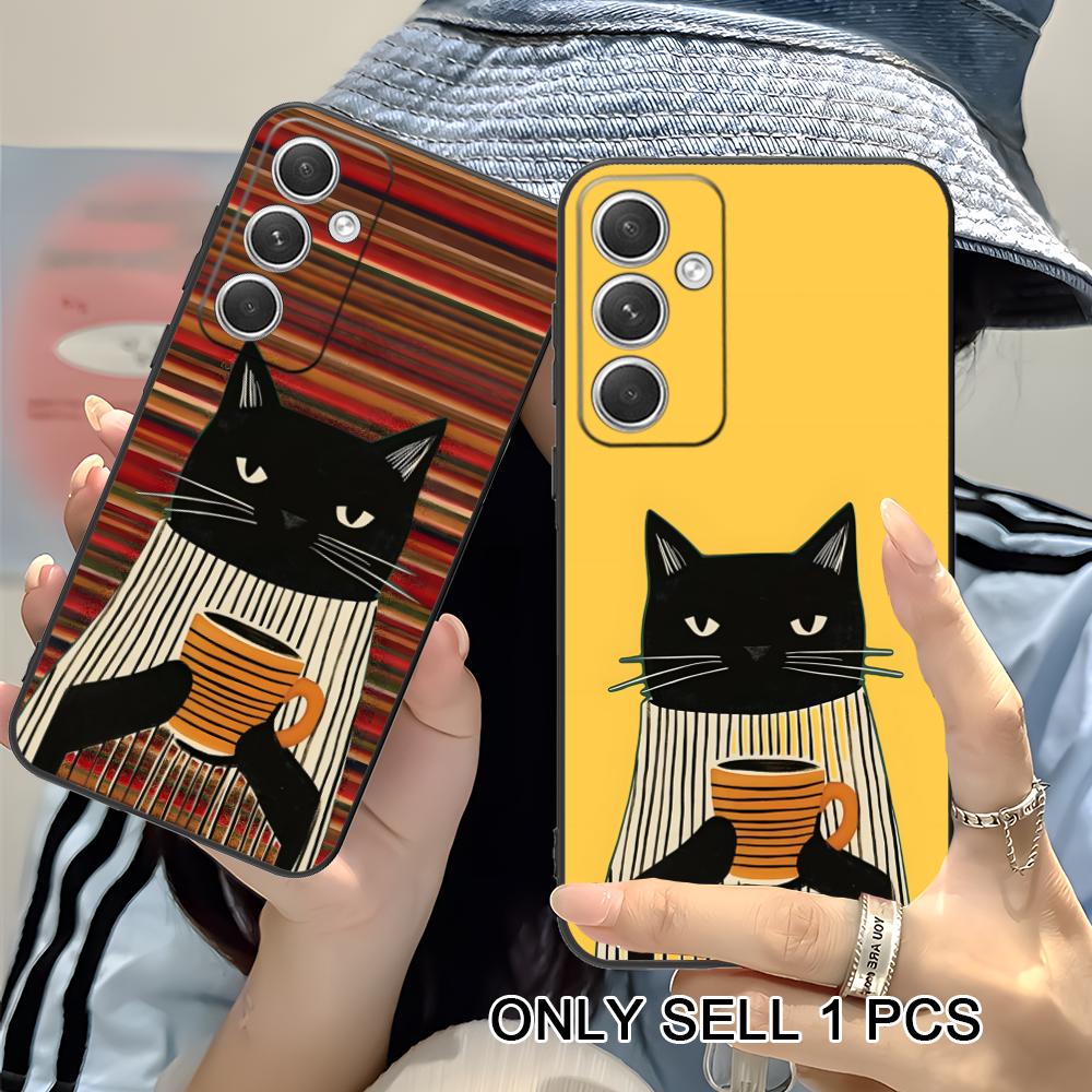 Cute Coffee Cat Matte TPU Mobile Phone Case for Samsung Galaxy S26 S25 S24 S23 S22 S21 S20 Note20 Plus FE Ultra Colorful Cover