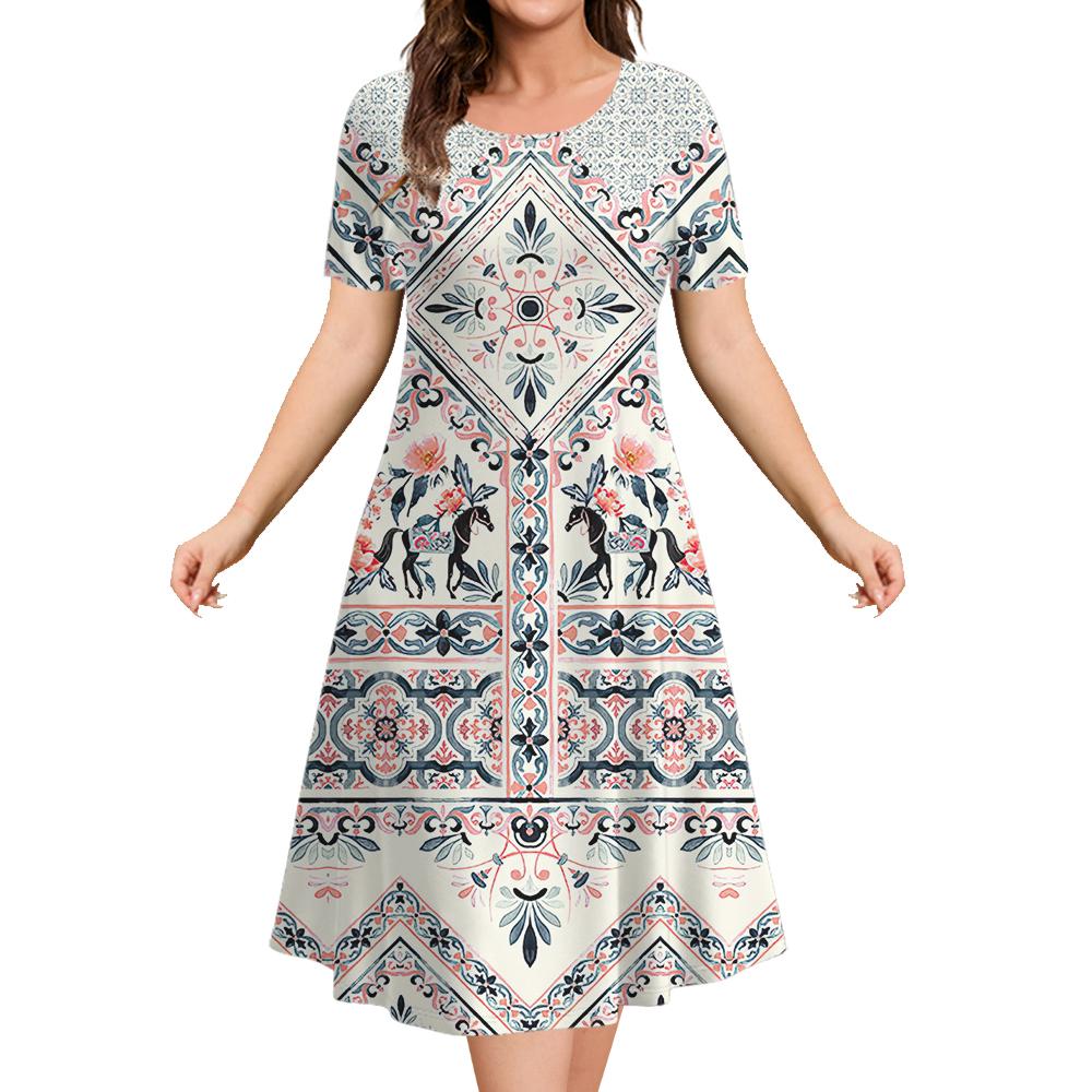 Ethnic Style Women's A-line Skirt Summer Fashion Casual Dress Flower Clothes Ladies Loose Casual Round Neck Dress