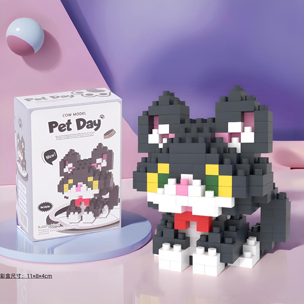 with box Pet cats building block cartoon cute doll puzzle assembly children's toy DIY table ornaments boys girls birthday gifts