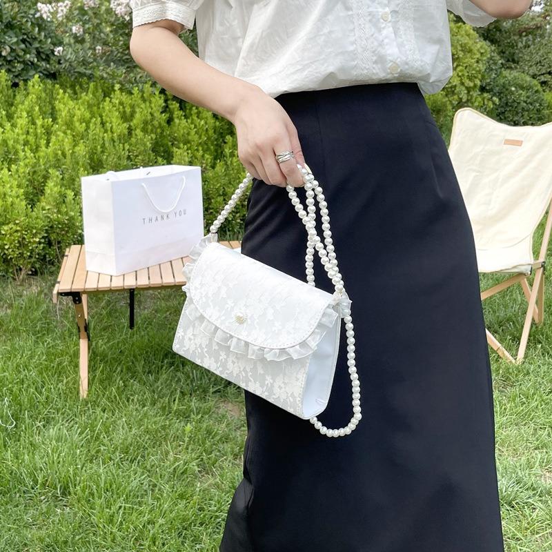 Sweet Wind Lace Oblique Span Small Bag Fashionable Small Fresh Popular Pearl Chain Shoulder Bag