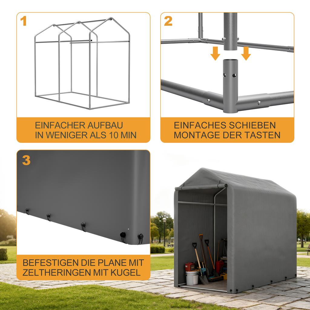 Bike Garage 187x100x160 Cm Black Steel Frame Powder-Coated Weatherproof Tent with PE Tarp Dark Grey for Bicycle & Garden Tools