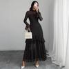 women's floral print sheer mesh mock neck flounce long sleeve high waist tiered ruffle maxi bodycon dress with lining