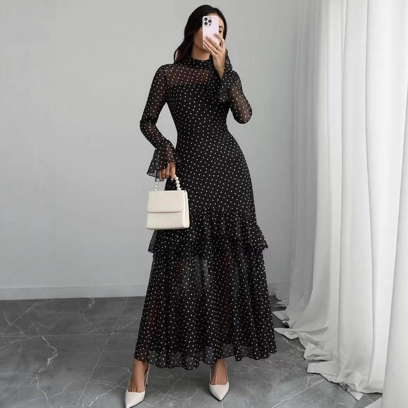 women's floral print sheer mesh mock neck flounce long sleeve high waist tiered ruffle maxi bodycon dress with lining