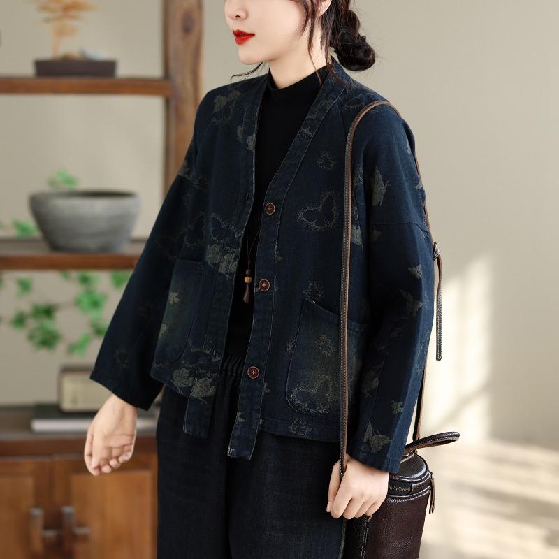 DIMANAF 2026 Autumn Winter Plus Size Women Denim Jackets Coat Casual Long Sleeve Blue Print Floral Loose Buttons Vintage Outwear