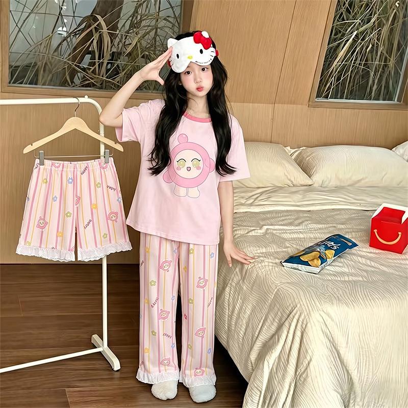 Girls' Cartoon Pajama Set - Short Sleeve, Long Pants, 3-Piece Summer Sleepwear for Kids