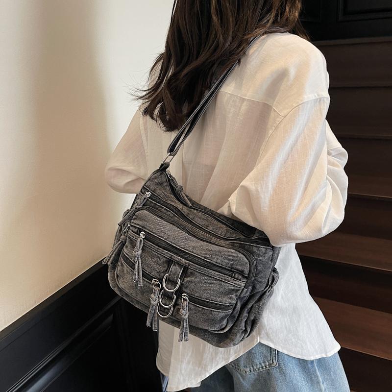 Women Crossbody Bag Vintage Shoulder Bag Multi-Layer Pocket Denim Bag