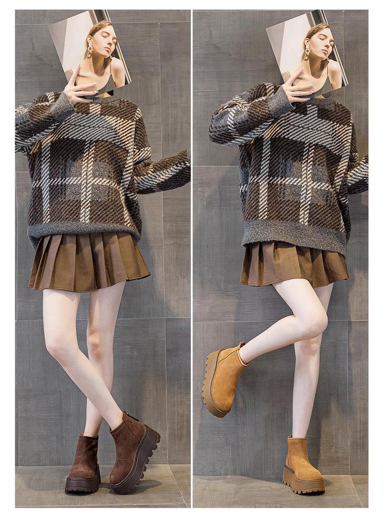 2024 Autumn/Winter Women's Thick-Soled Cow Suede Ankle Boots: Versatile, Height-Increasing, Warm Martin Style