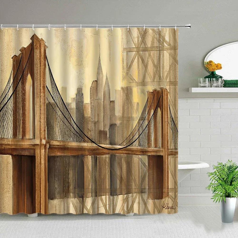 London Big Ben Shower Curtain European Style Red Tram Telephone Hall Scenery Old Newspaper Bath Screen Bathroom Curtain Box