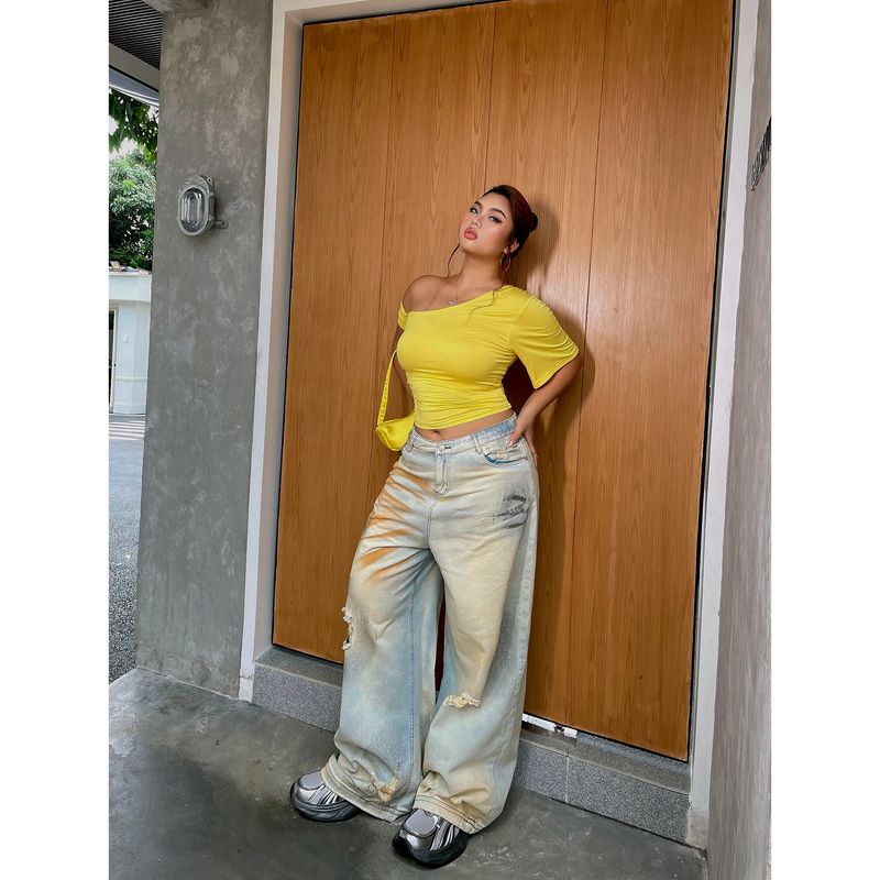 Brother Nan Loose-Fit Sexy Retro Tattered Jeans Denim Female Early Autumn New Arrival Plus Size High Waist Loose Straight-leg Plus Size Ladies Pants