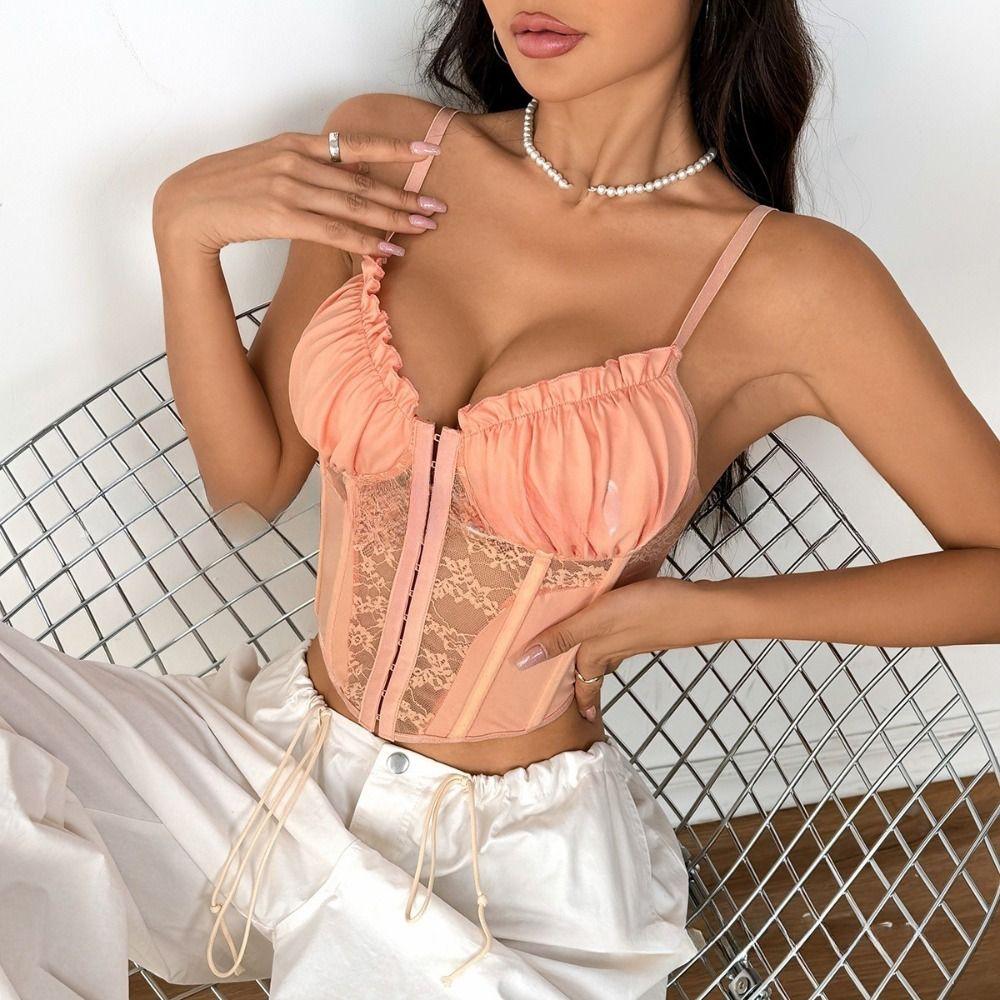 Ruffle Lace Corset Mesh Hollow Suspender Vest Fashion Slim Crop Tops Ladies
