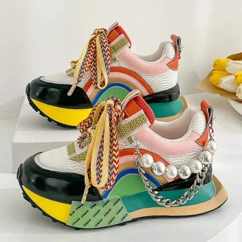 Neue vulkanisierte Damenschuhe mit schillernder Perlenkette und Schnürung, Plateau-Sneakers für Damen, Zapatos De Mujer, Damenschuhe