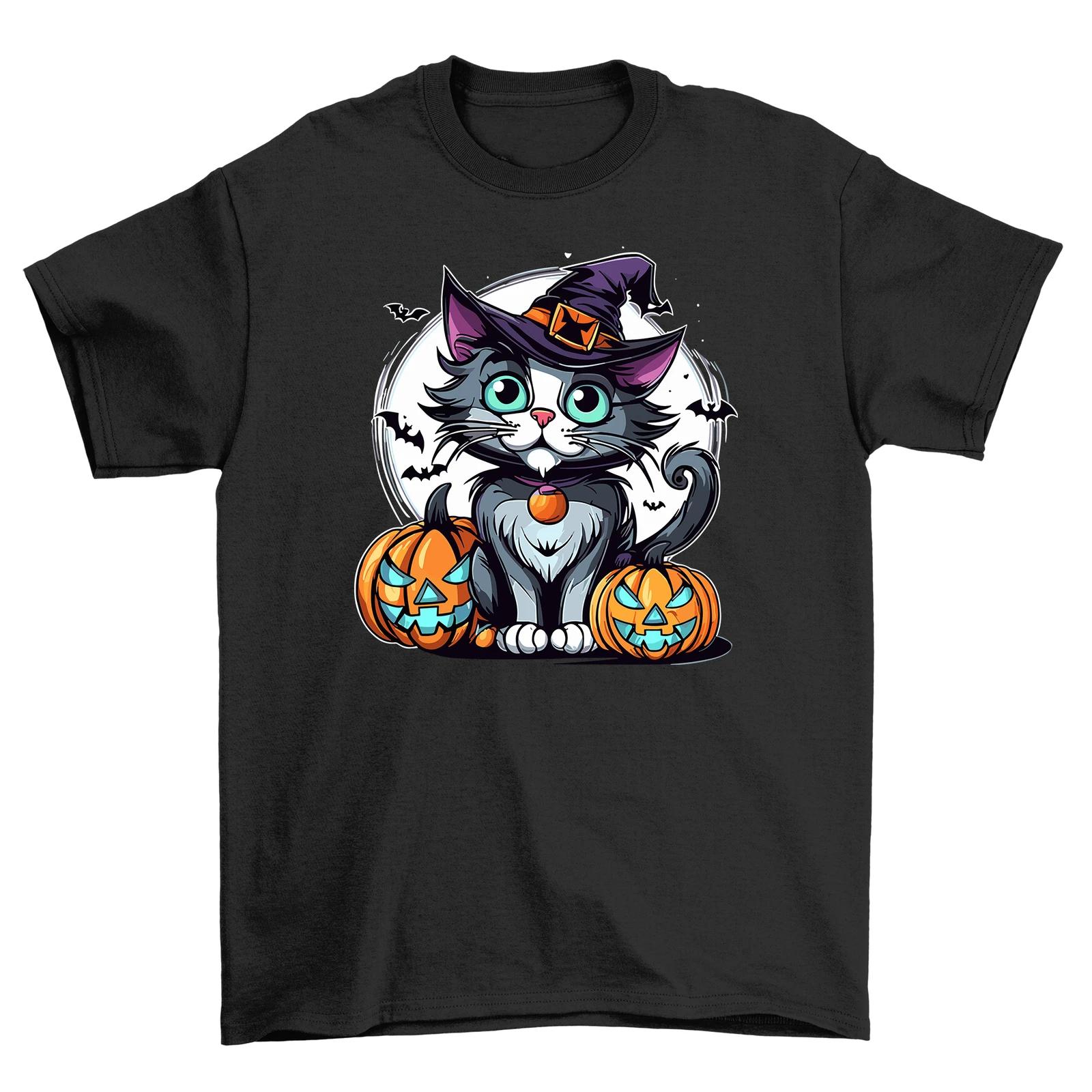 Cute Witch Cat Sitting with Pumpkins Halloween Graphic TShirt Unisex Cotton Short Sleeve Tee S