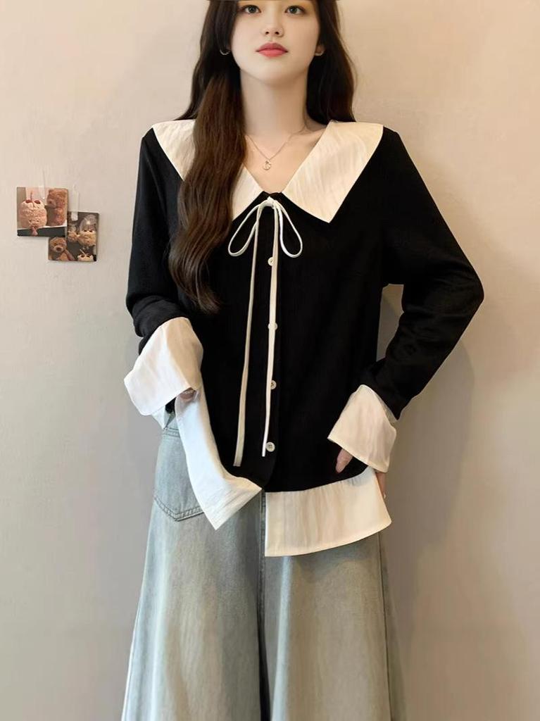 2026 Spring Plus Size Women's College-Style Patchwork Two-Piece Long Sleeve Top