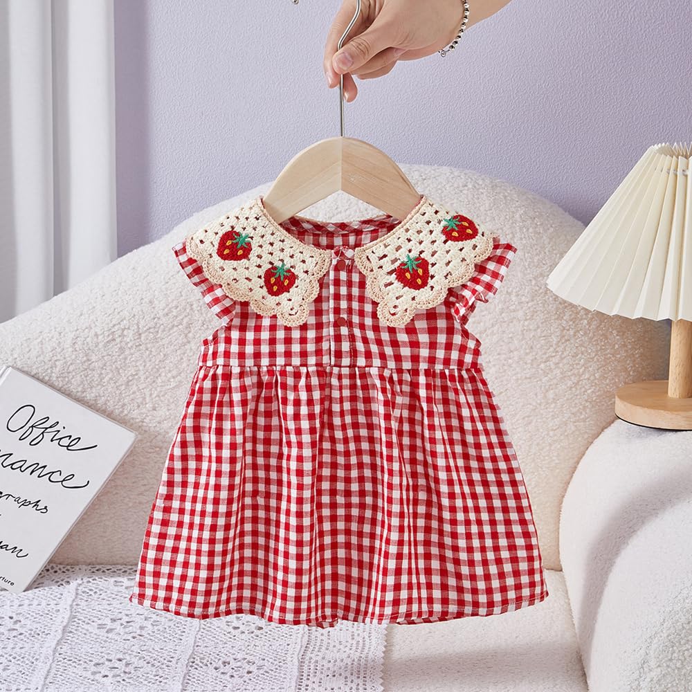 Baby Koi Collared Summer Outfit for Photo Strawberry Check Size 90cm Girls' Long-Sleeved Short-Sleeved Dress, Girls, Birthday, Kindergarten, Gift,